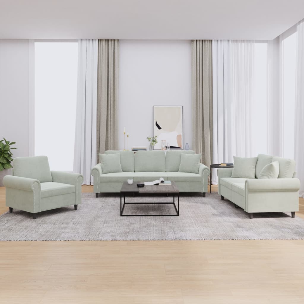 3 Pcs conjunto de sofás com almofadas veludo cinzento-claro