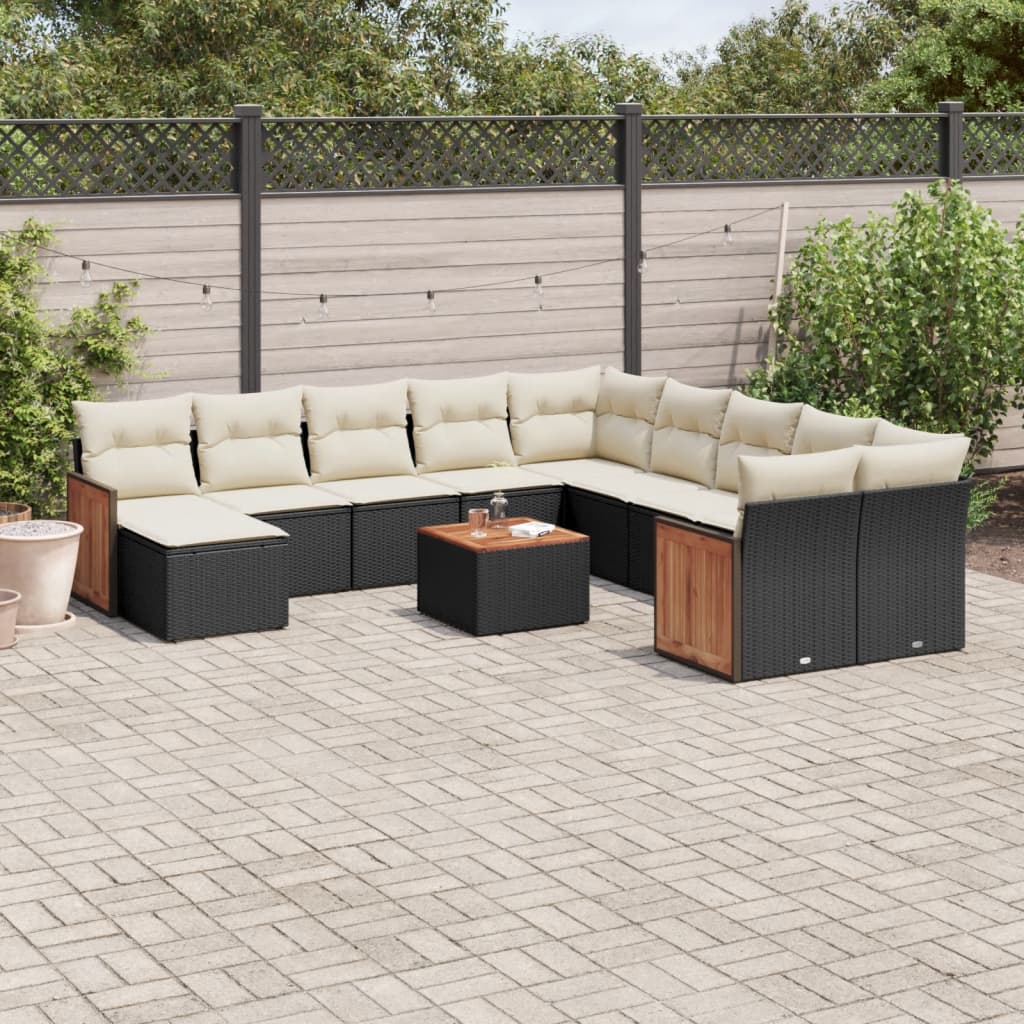12 Pcs conjunto de sofás de jardim c/ almofadões vime PE preto