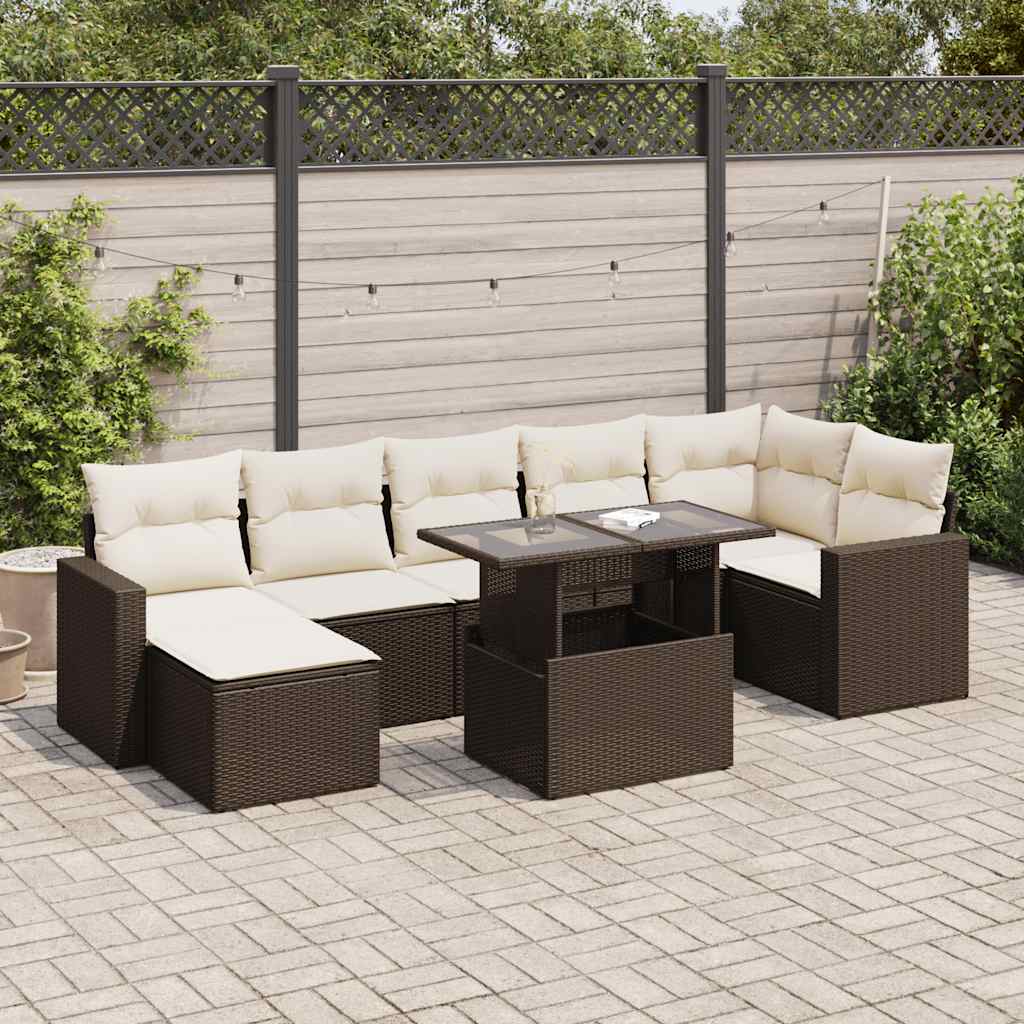 8 Pcs conjunto sofás de jardim c/ almofadões vime PE castanho