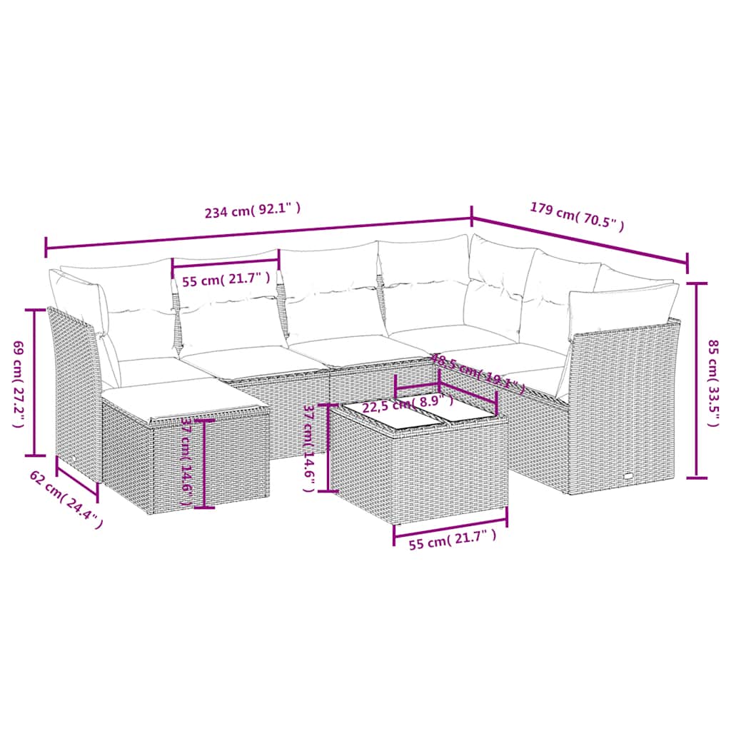 8 Pcs conjunto sofás de jardim com almofadões vime PE preto