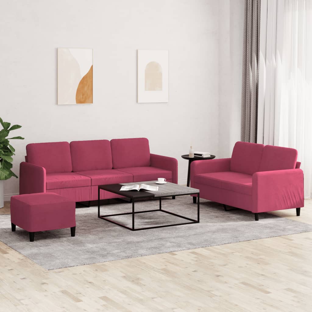 3 Pcs conjunto de sofás veludo vermelho-tinto