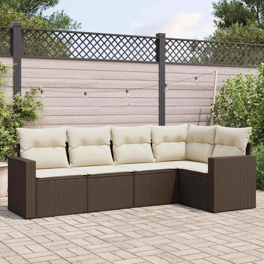 5 Pcs conjunto sofás p/ jardim c/ almofadões vime PE castanho
