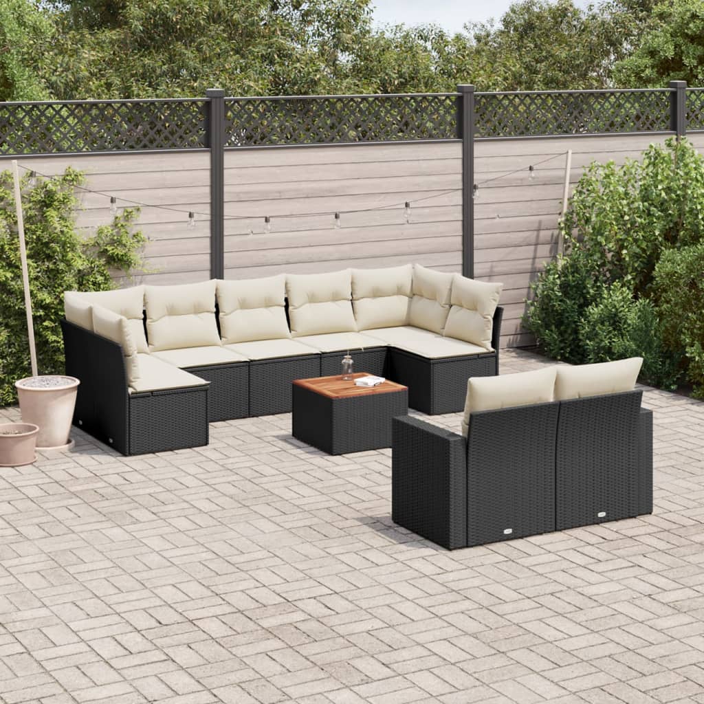 10 Pcs conjunto sofás de jardim c/ almofadões vime PE preto