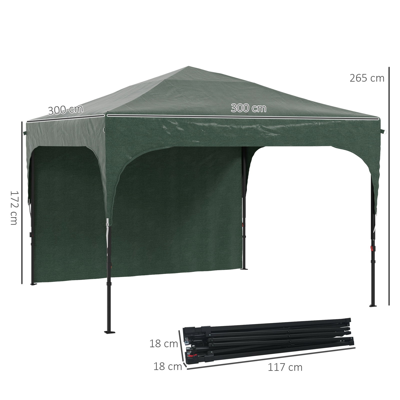 Tenda dobrável com altura ajustável 1 parede lateral teto com ventilação 4 sacos de areia e bolsa de transporte 3x3 m verde