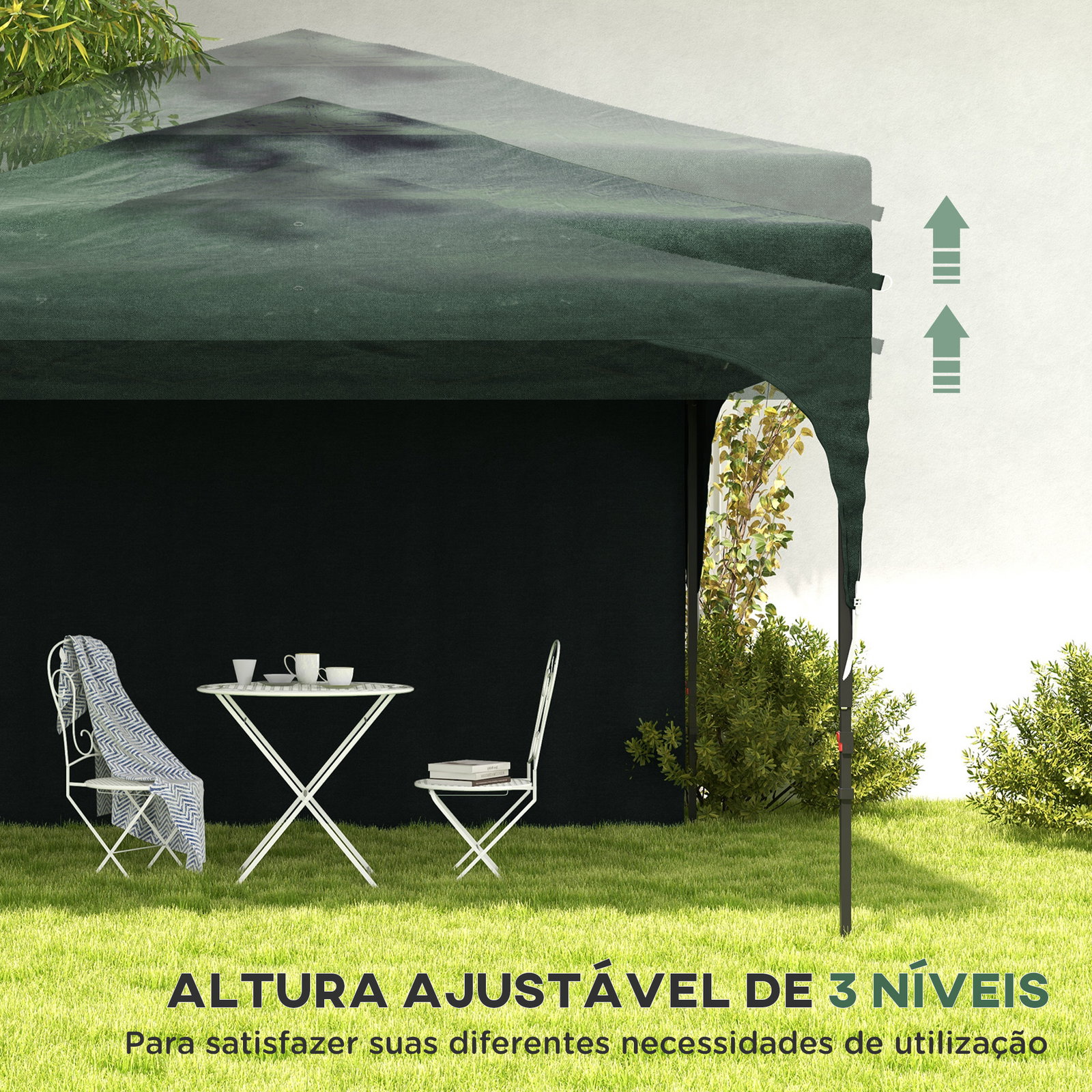 Tenda dobrável com altura ajustável 1 parede lateral teto com ventilação 4 sacos de areia e bolsa de transporte 3x3 m verde