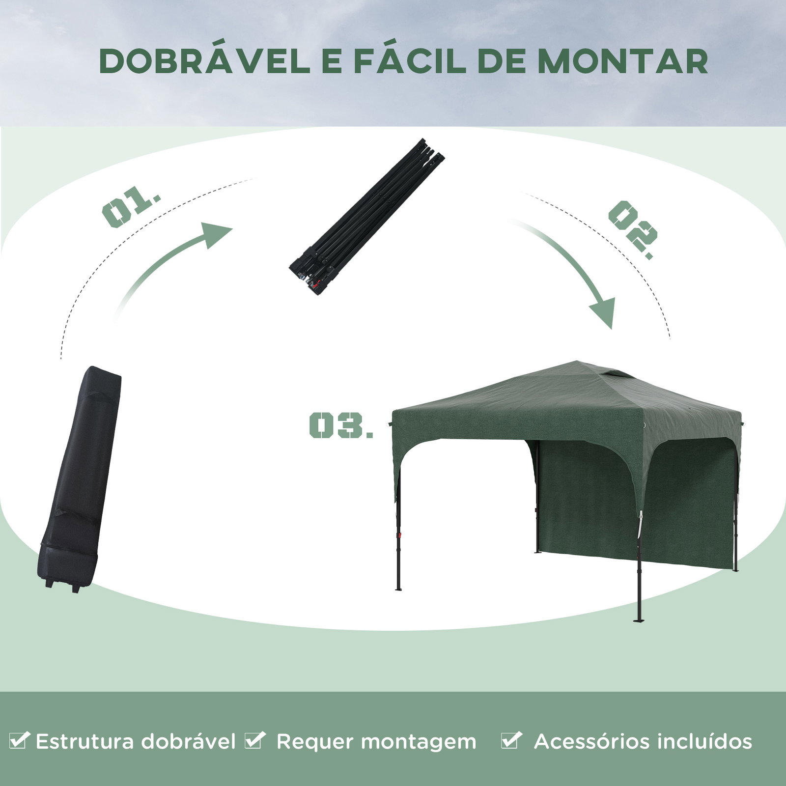Tenda dobrável com altura ajustável 1 parede lateral teto com ventilação 4 sacos de areia e bolsa de transporte 3x3 m verde
