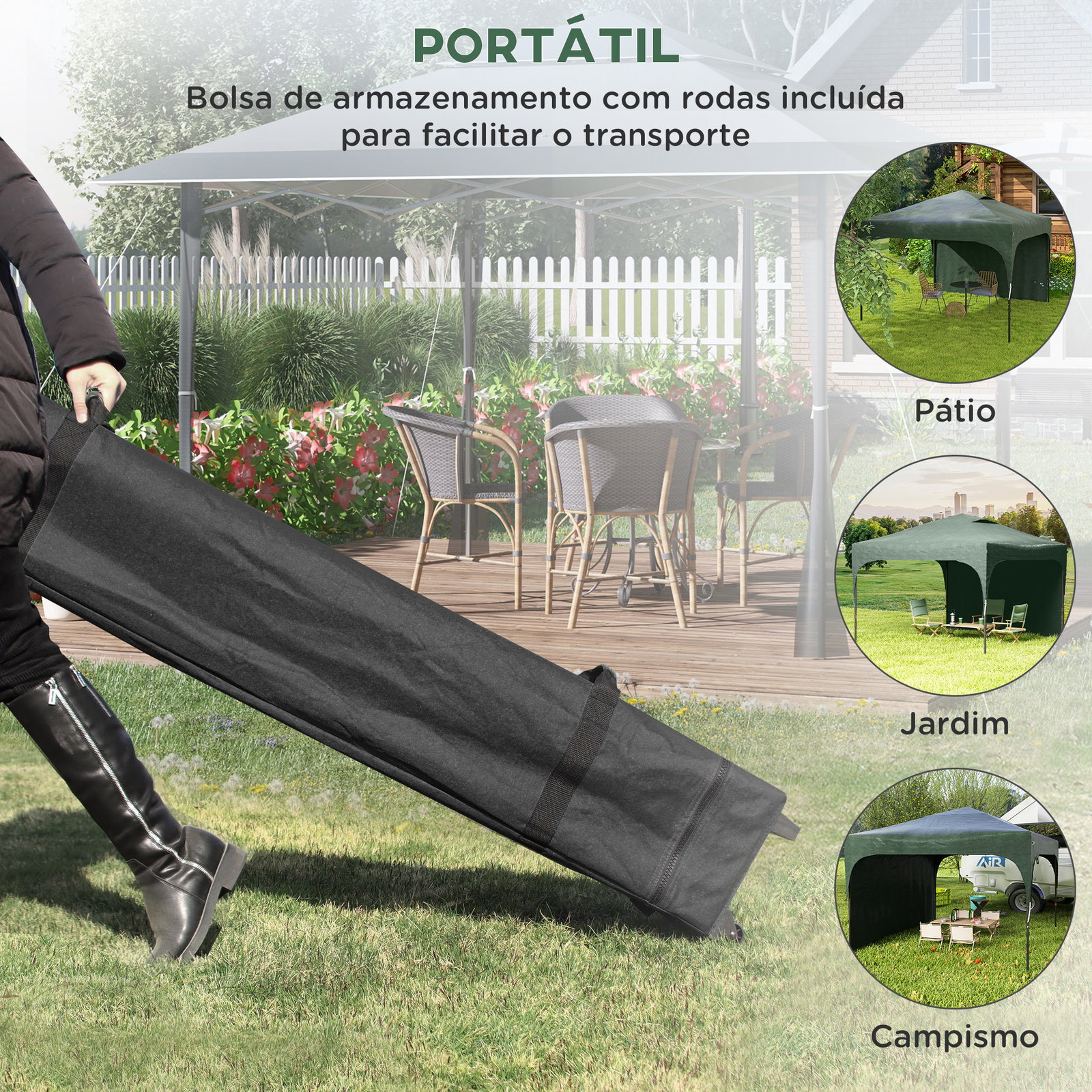 Tenda dobrável com altura ajustável 1 parede lateral teto com ventilação 4 sacos de areia e bolsa de transporte 3x3 m verde