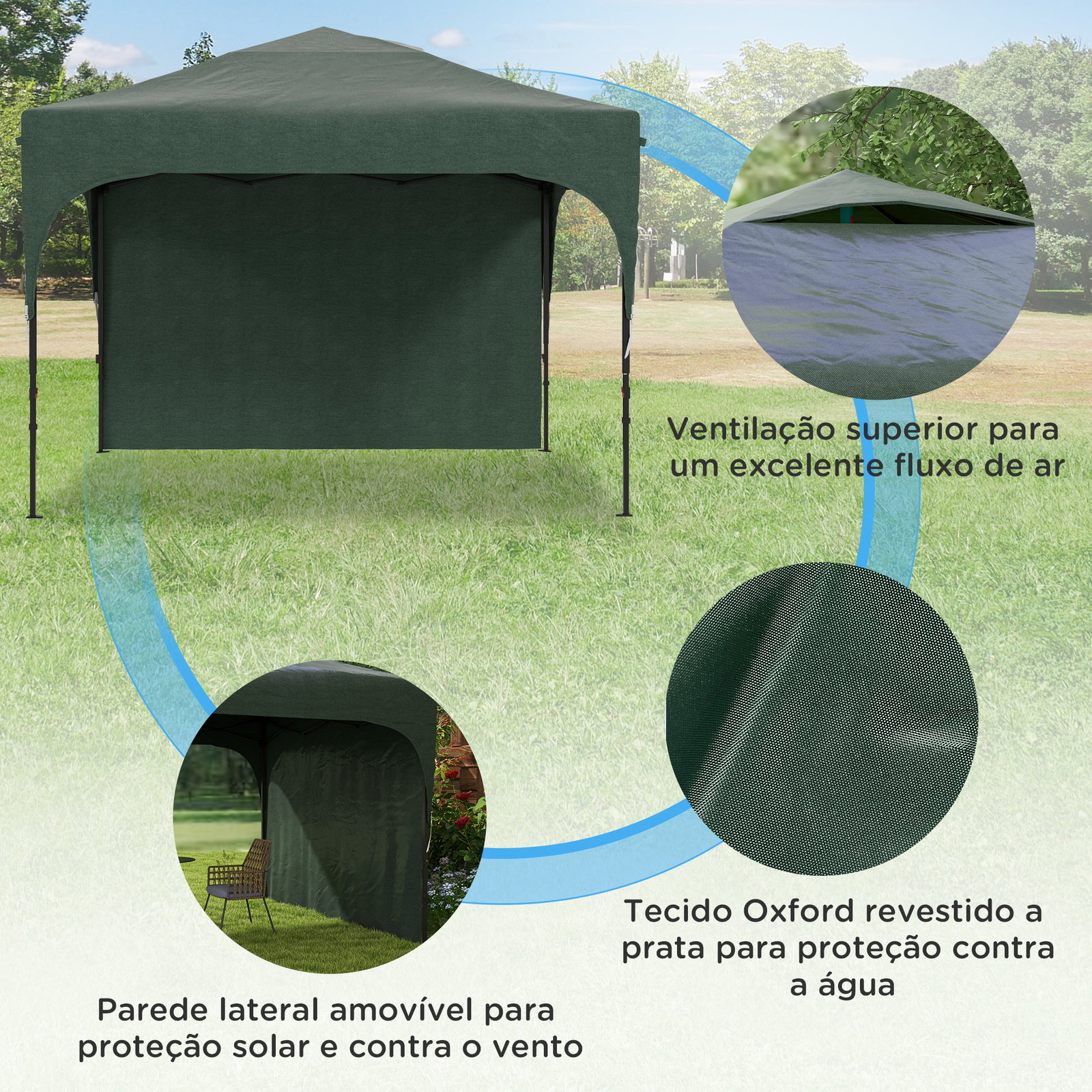 Tenda dobrável com altura ajustável 1 parede lateral teto com ventilação 4 sacos de areia e bolsa de transporte 3x3 m verde