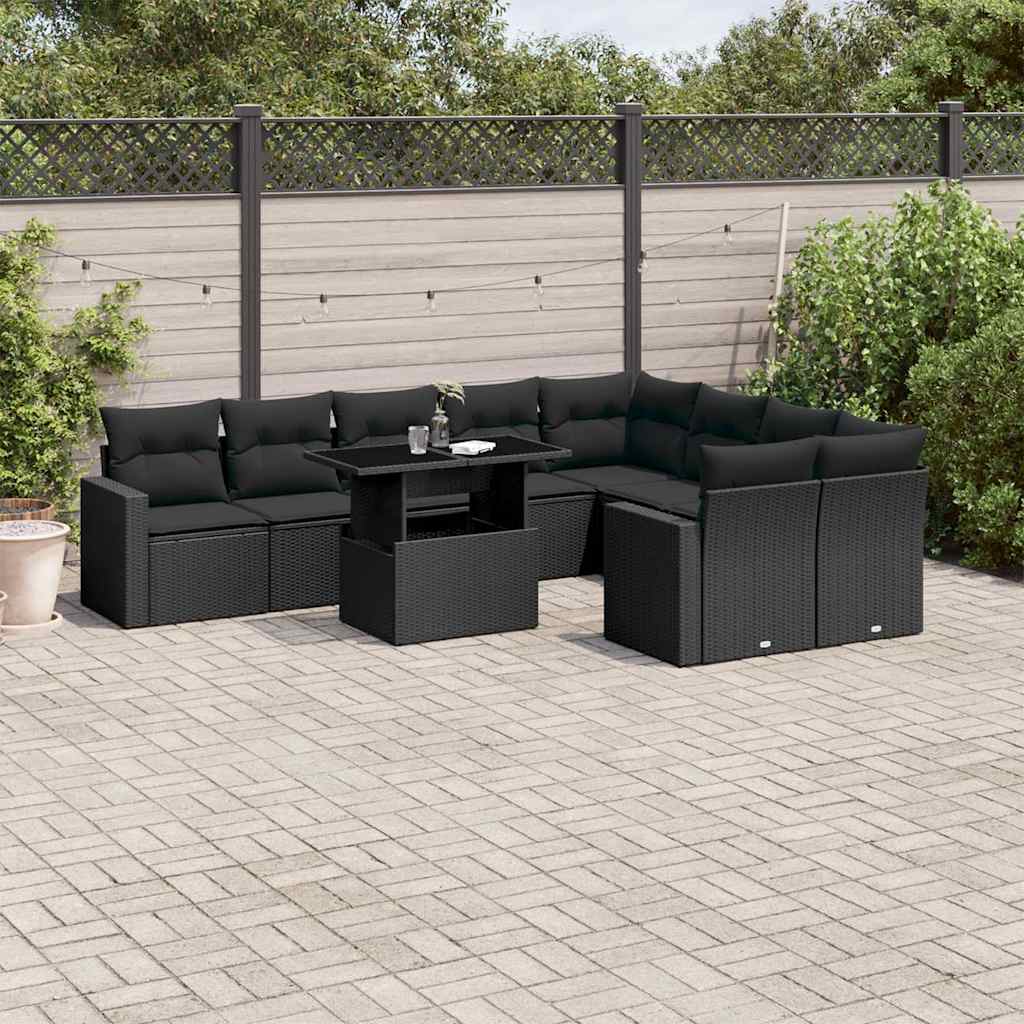 10 Pcs conjunto sofás de jardim c/ almofadões vime PE preto