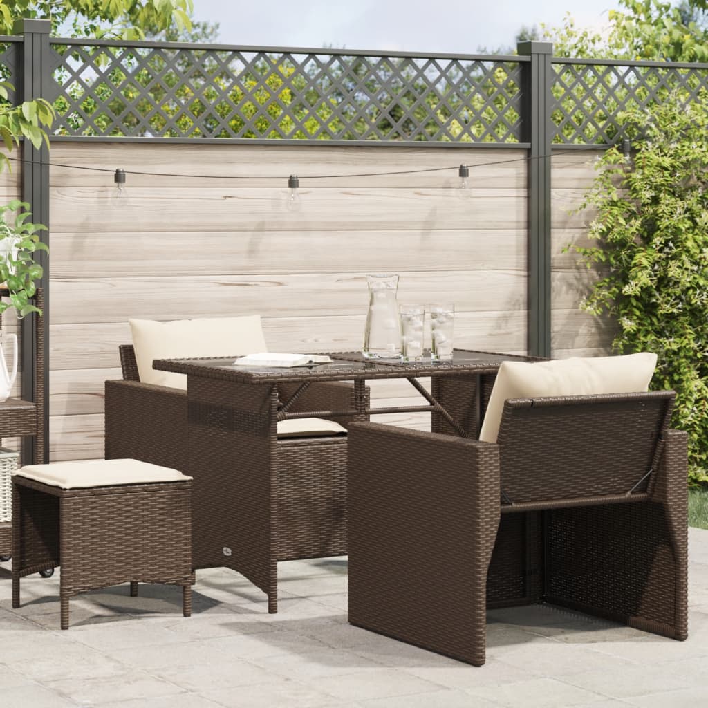 4 Pcs conjunto sofás de jardim c/ almofadões vime PE castanho