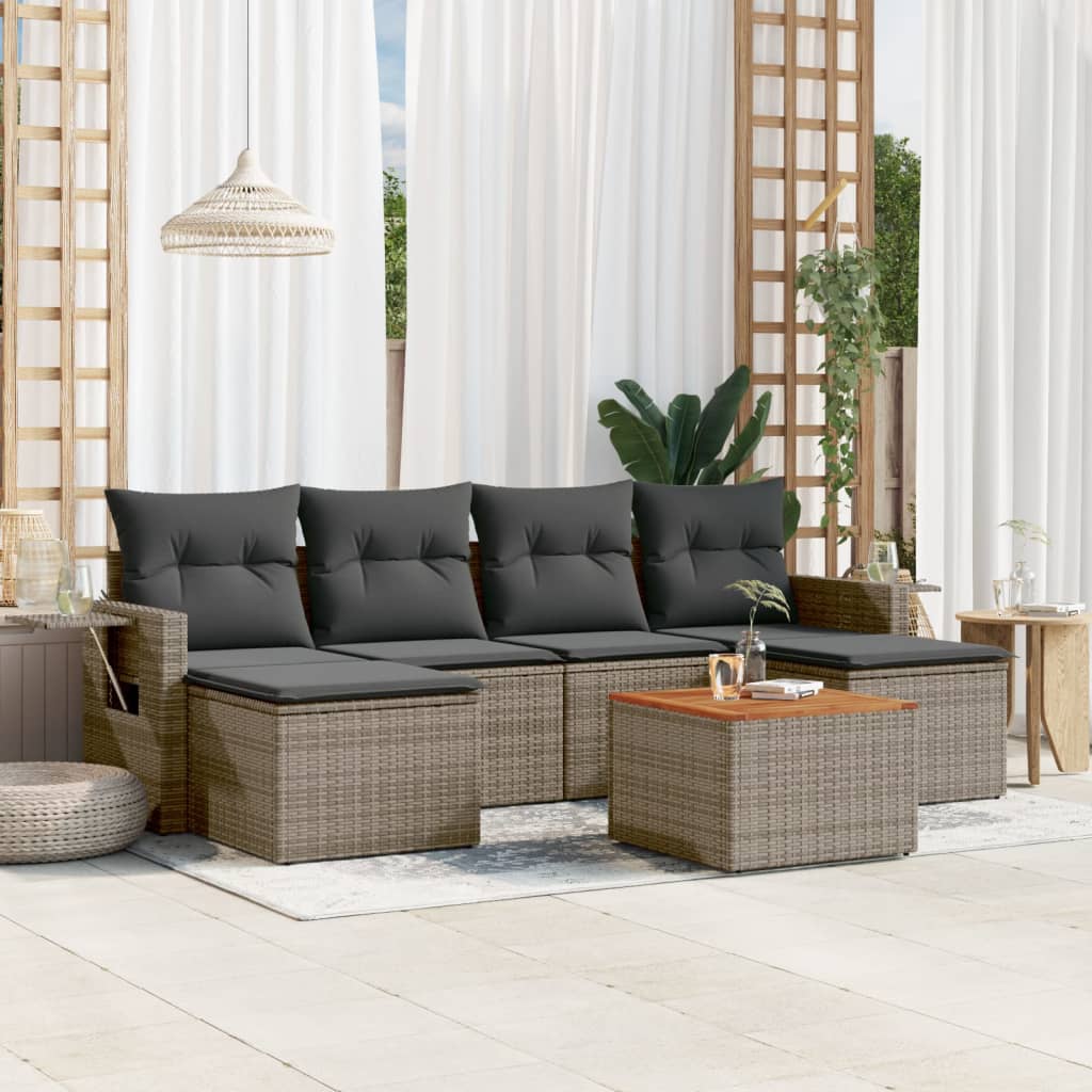 7 Pcs conjunto sofás p/ jardim c/ almofadões vime PE cinzento
