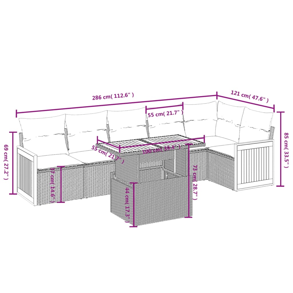 7 Pcs conjunto de sofás p/ jardim com almofadões vime PE bege