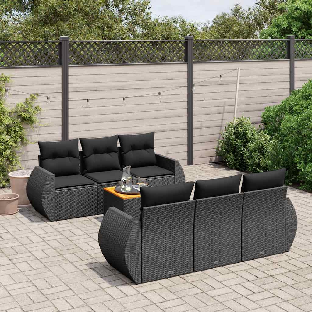 7 Pcs conjunto de sofás p/ jardim c/ almofadões vime PE preto