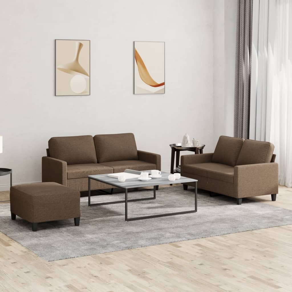 3 Pcs conjunto de sofás com almofadões tecido castanho
