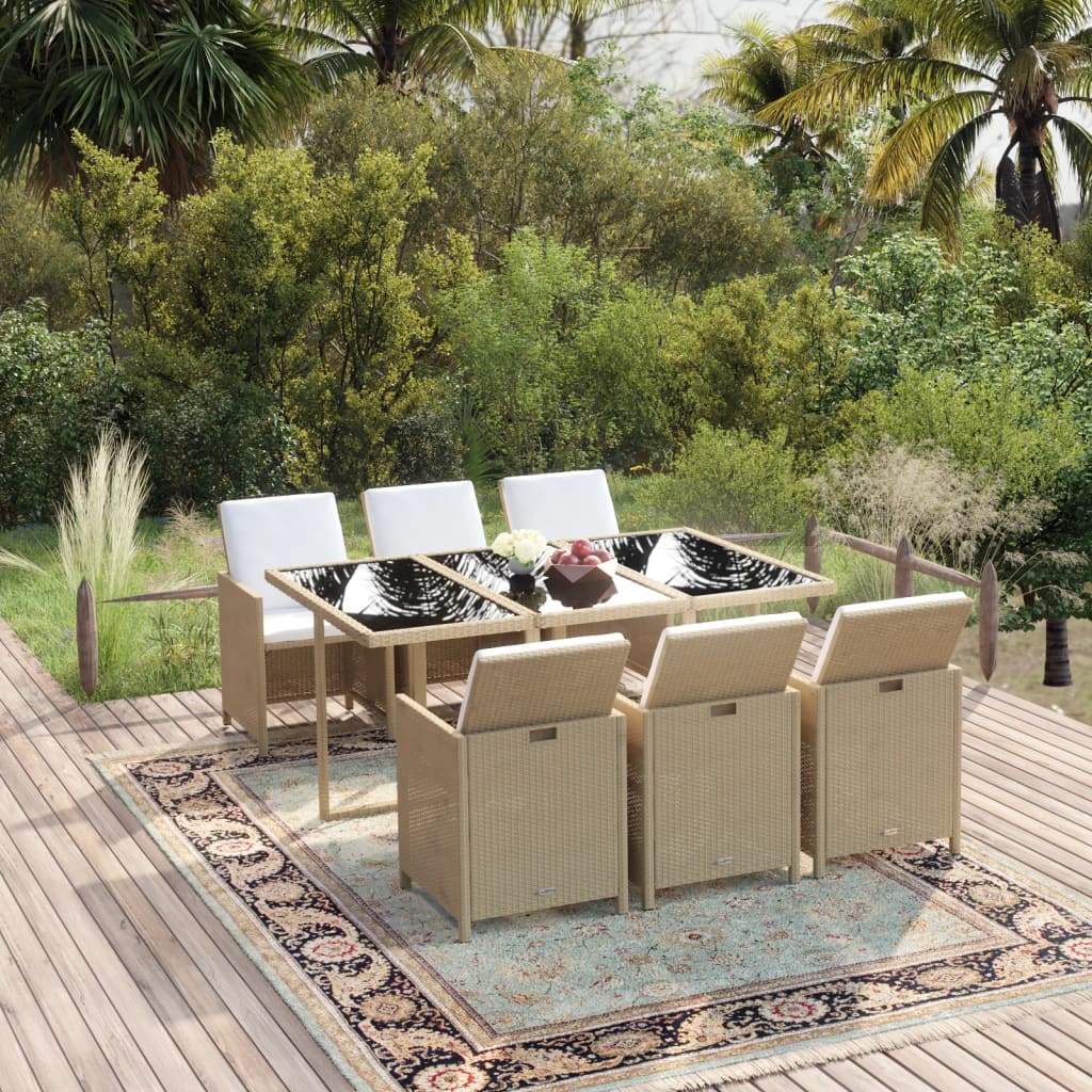 7 Pcs conjunto jantar p/ jardim c/ almofadões vime PE bege