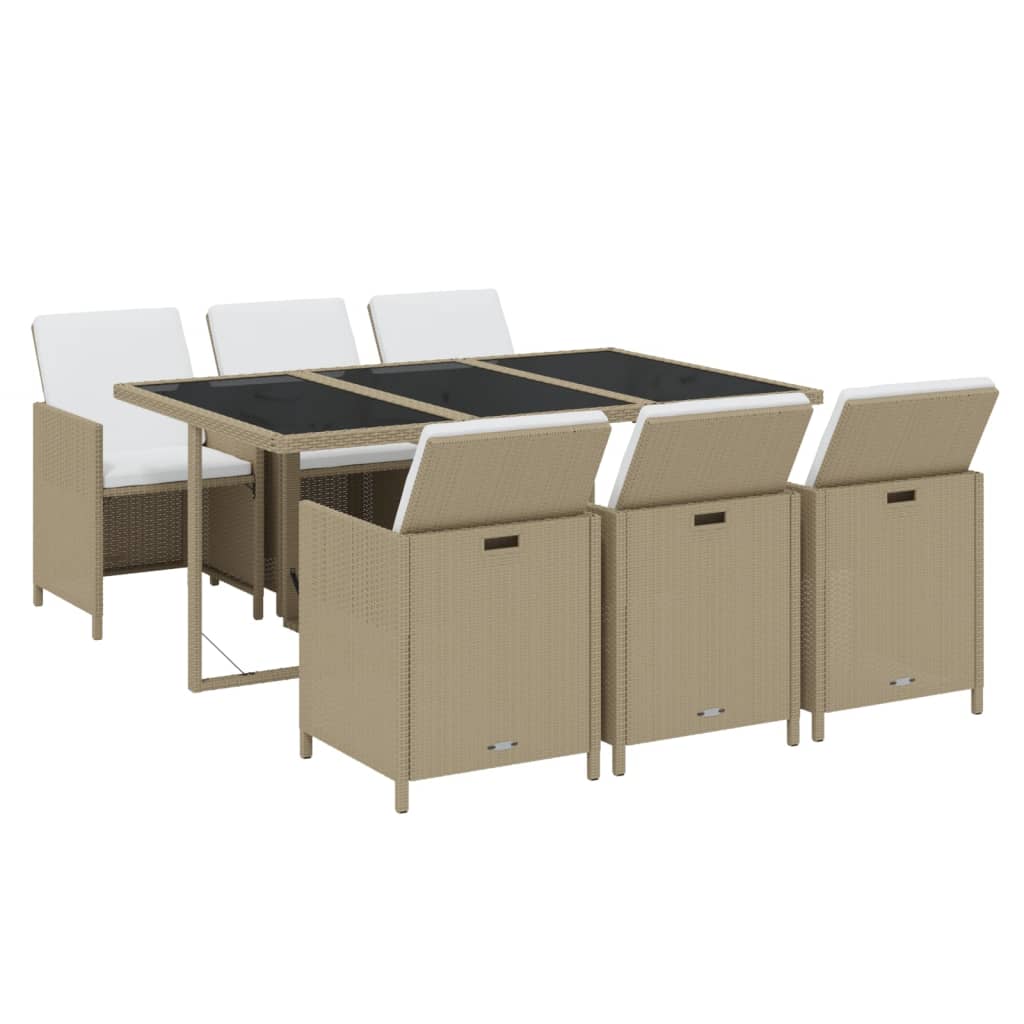 7 Pcs conjunto jantar p/ jardim c/ almofadões vime PE bege