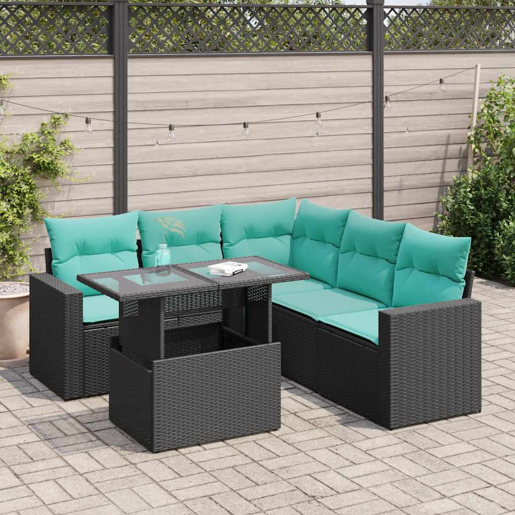 6 Pcs conjunto sofás jardim c/ almofadões vime PE/acácia preto