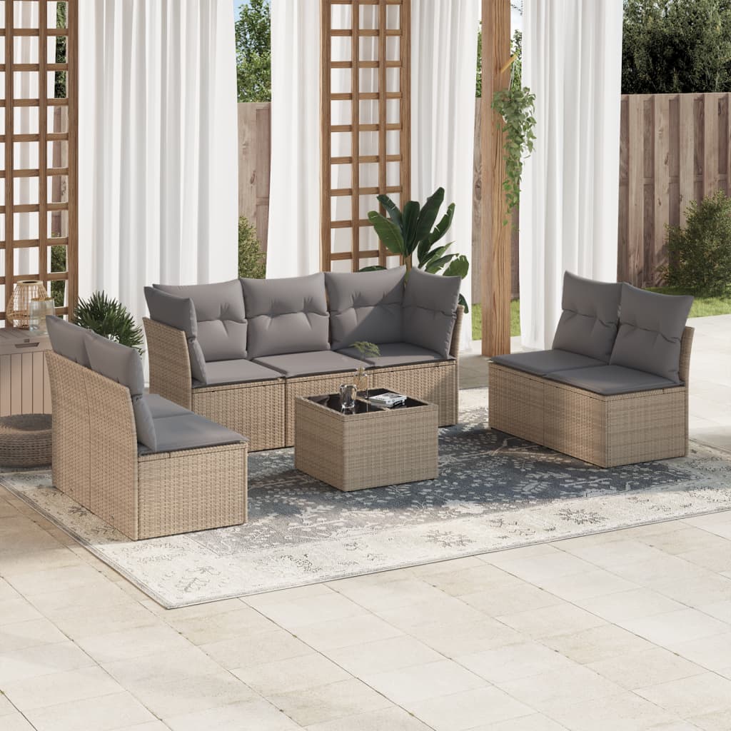 8 Pcs conjunto de sofás p/ jardim com almofadões vime PE bege