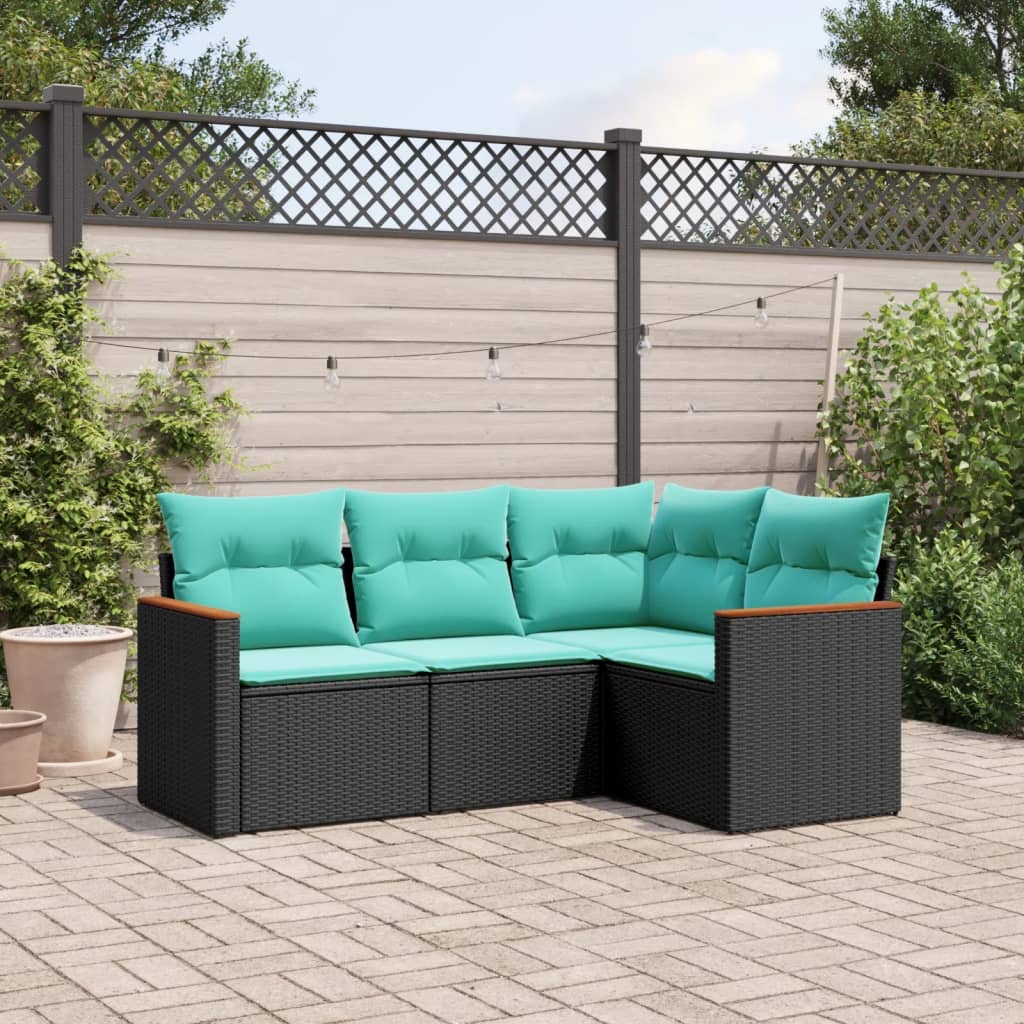 Conjunto de sofá de jardim com 4 peças e almofadas em rattan sintético preto