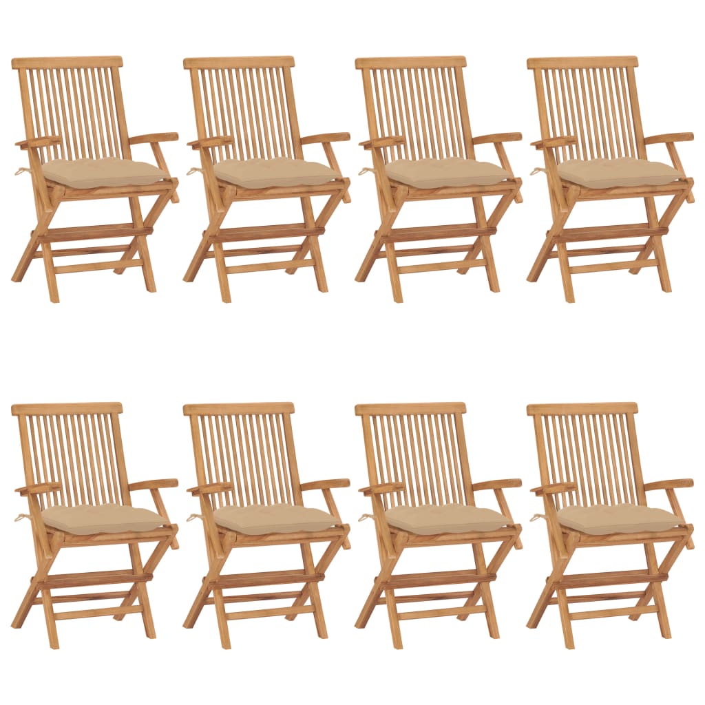 Cadeiras de jardim c/ almofadões beges 8 pcs teca maciça