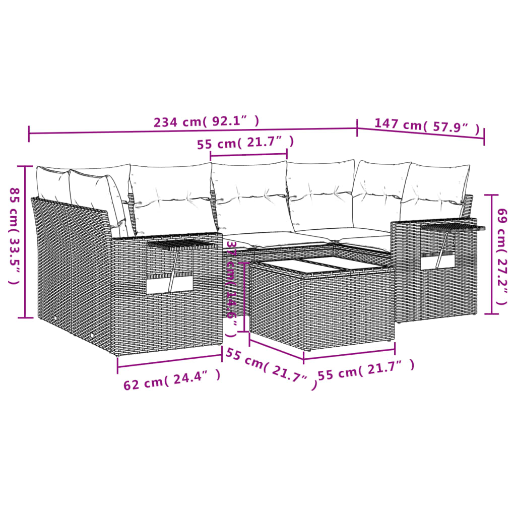 7 Pcs conjunto de sofás p/ jardim com almofadões vime PE bege