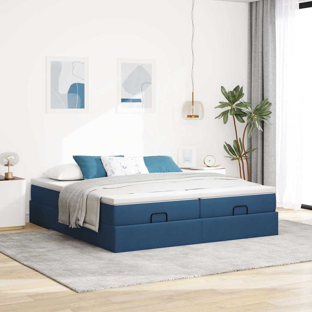 Estrutura de cama otomana com colchões 200x200cm tecido azul