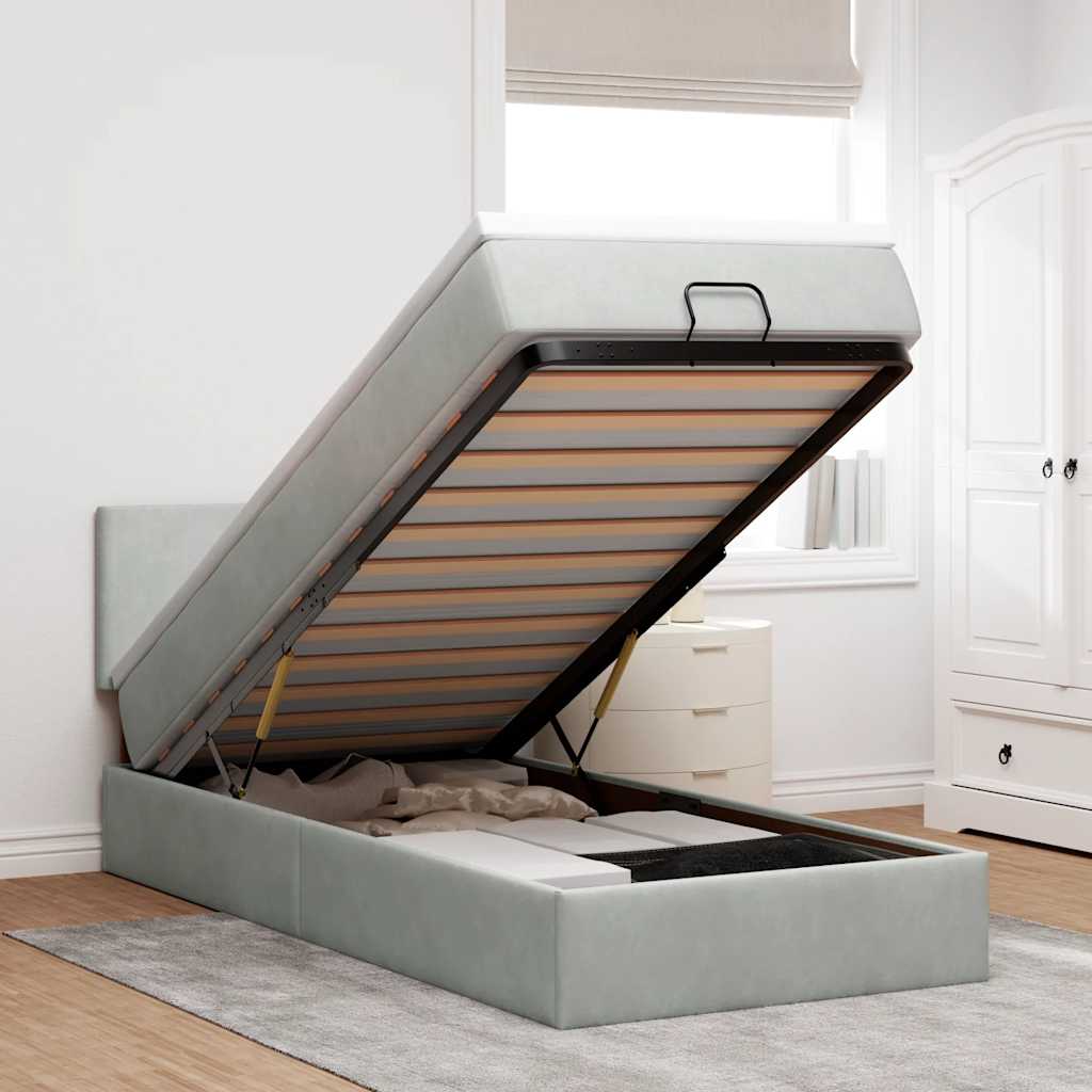 Estrutura cama otomana colchão 90x190 cm veludo cinzento claro