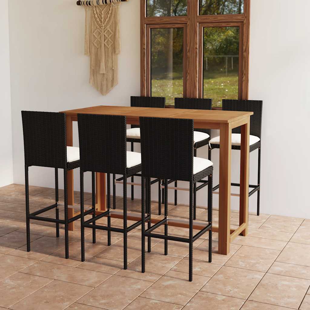 7 Pcs conjunto de bar para jardim com almofadões preto