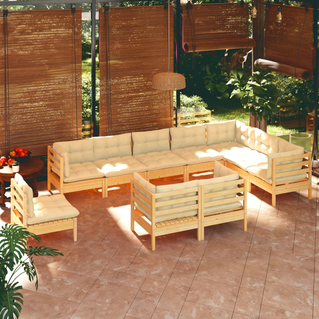 10 Pcs conjunto lounge jardim c/ almofadões creme pinho maciço