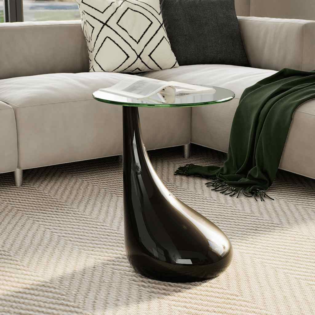 Mesa de centro com tampo redondo de vidro, preto brilhante