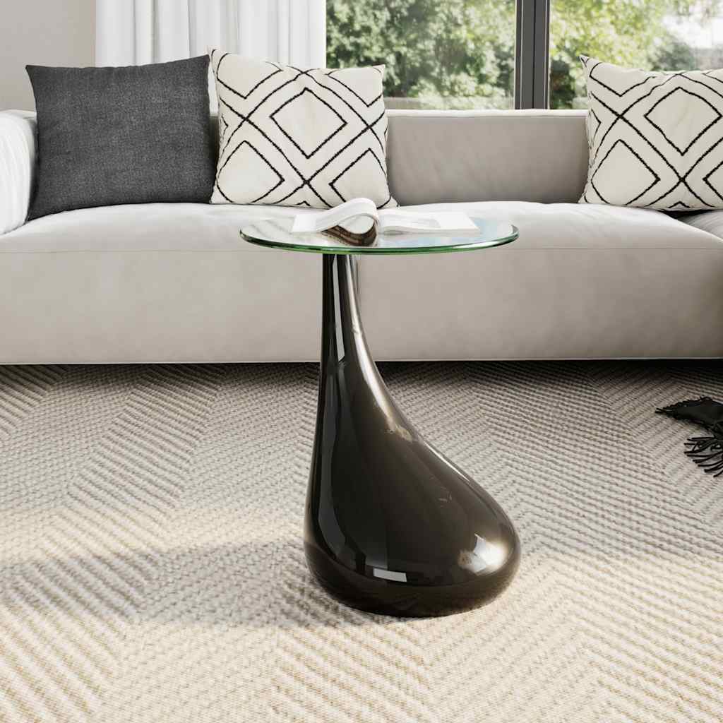 Mesa de centro com tampo redondo de vidro, preto brilhante