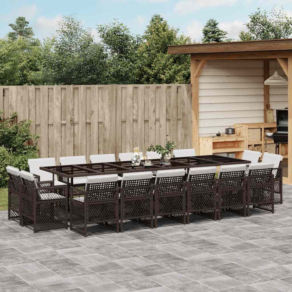 17 Pcs conjunto jantar p/ jardim c/ almofadões vime PE castanho