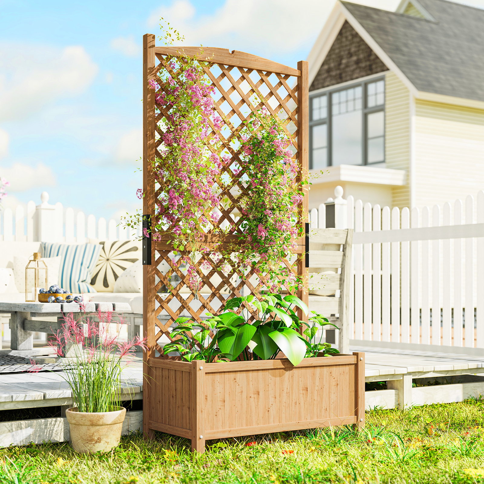 Floreira de jardim com treliça caixa de plantio com suporte para plantas trepadeiras 90x45x180cm madeira