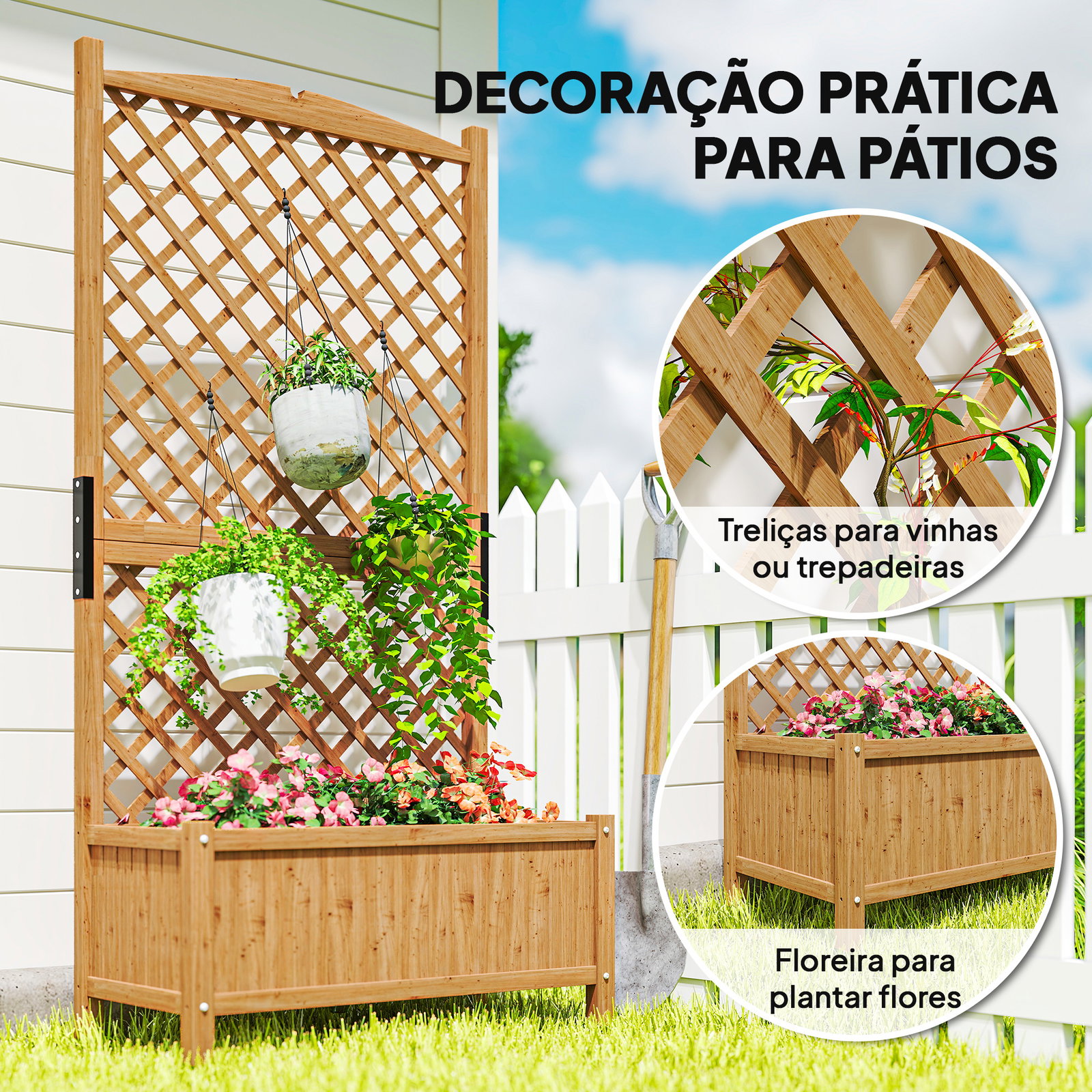 Floreira de jardim com treliça caixa de plantio com suporte para plantas trepadeiras 90x45x180cm madeira
