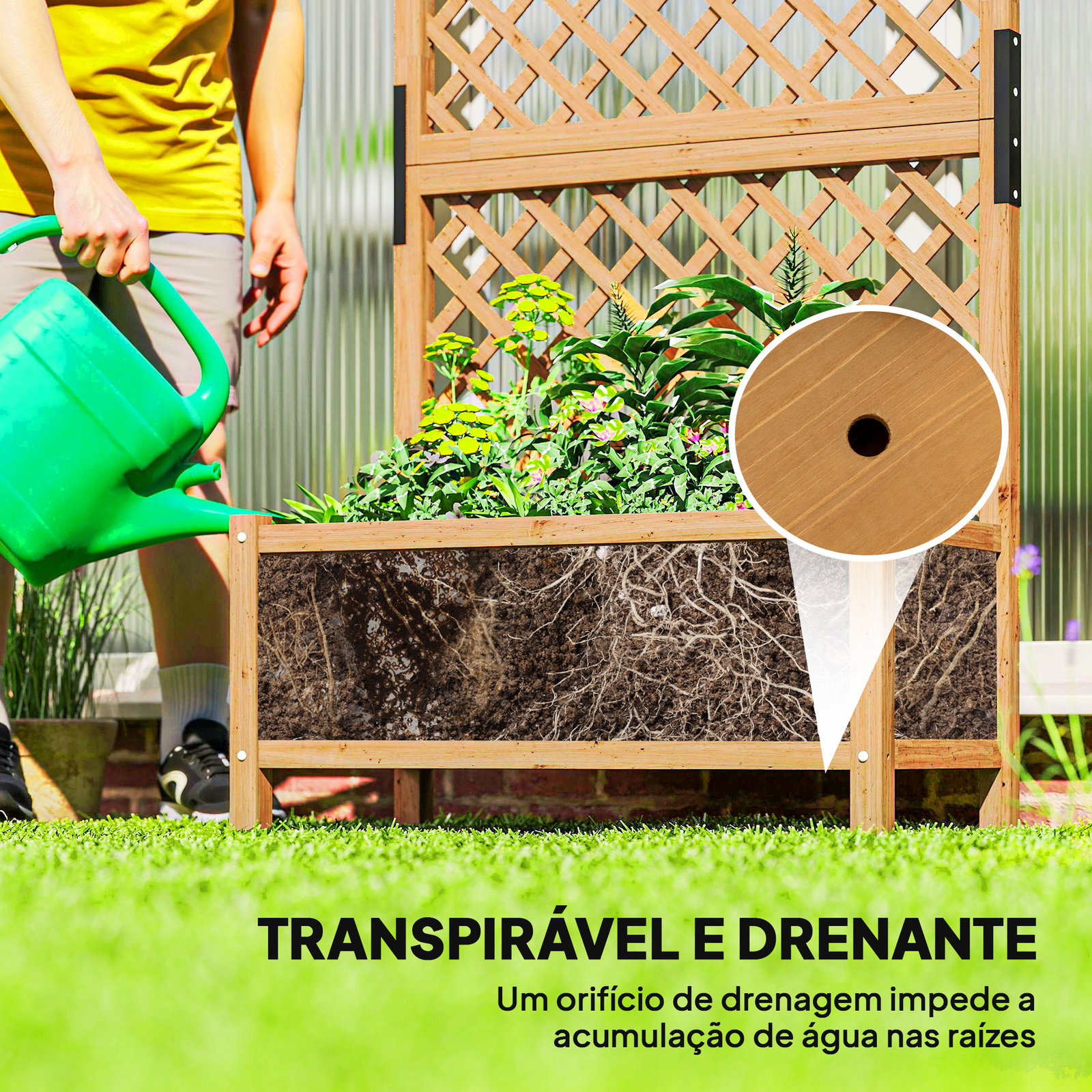 Floreira de jardim com treliça caixa de plantio com suporte para plantas trepadeiras 90x45x180cm madeira