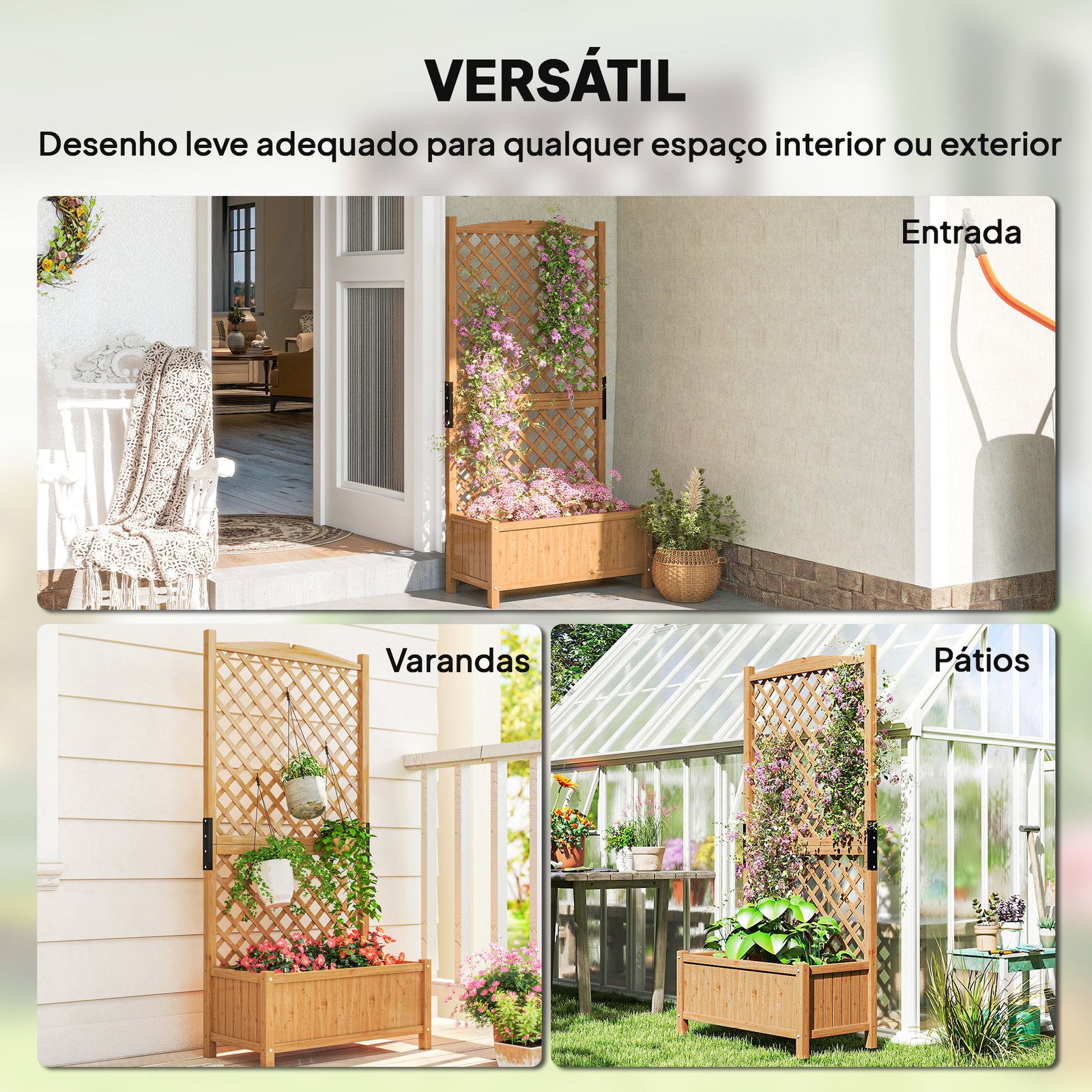 Floreira de jardim com treliça caixa de plantio com suporte para plantas trepadeiras 90x45x180cm madeira
