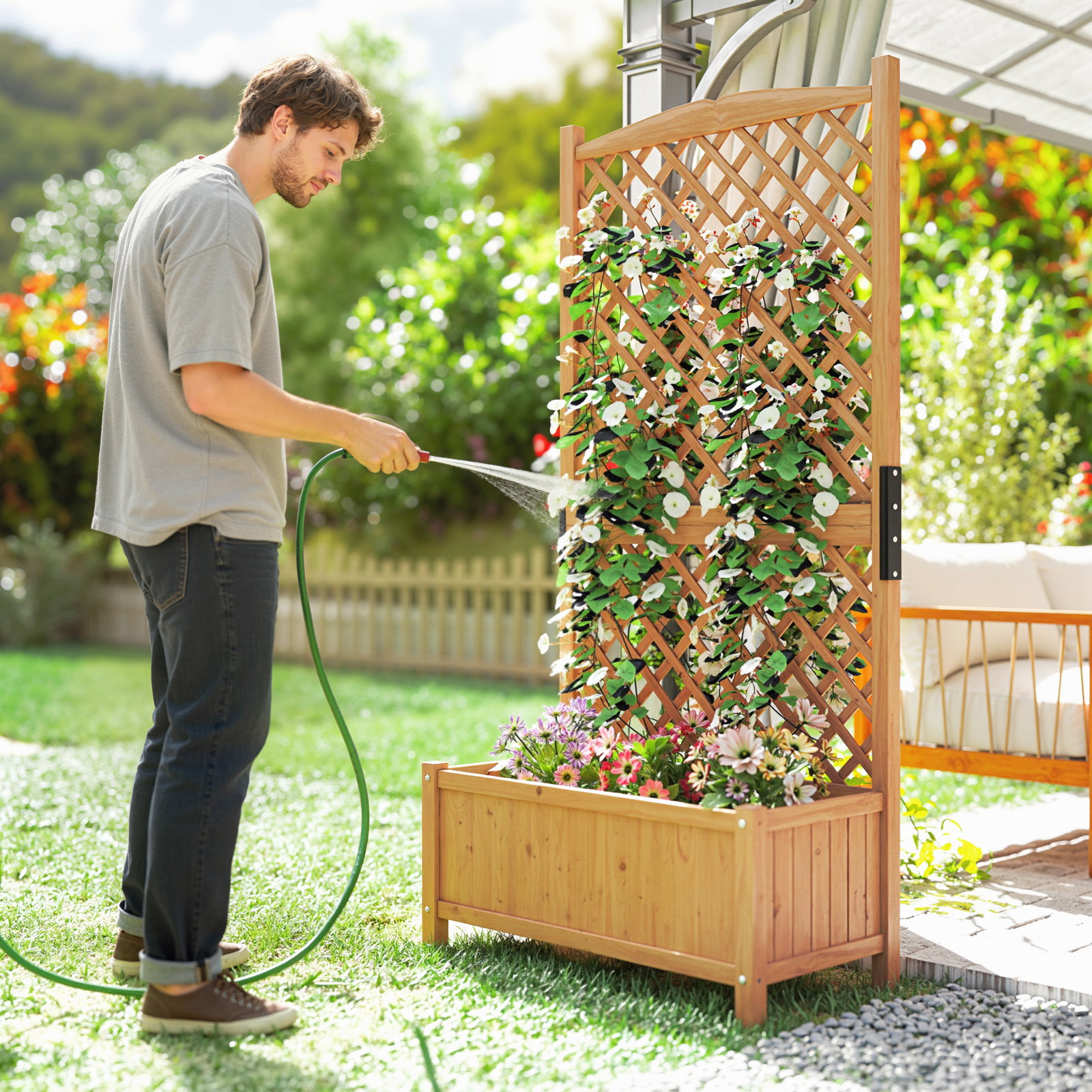 Floreira de jardim com treliça caixa de plantio com suporte para plantas trepadeiras 90x45x180cm madeira