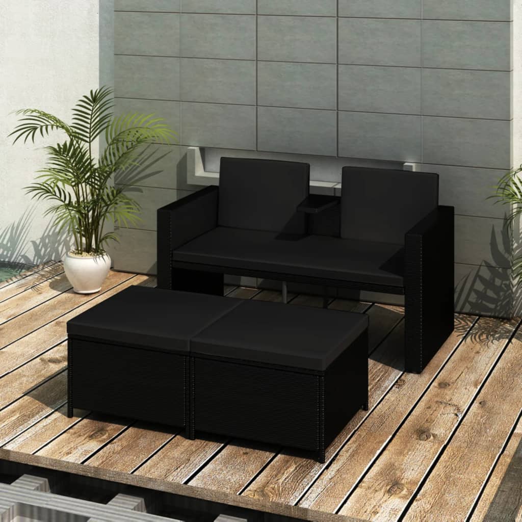 3 Pcs conjunto lounge para jardim c/ almofadões vime PE preto