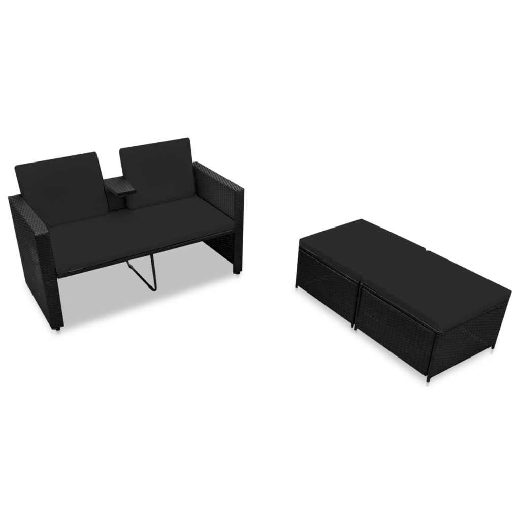 3 Pcs conjunto lounge para jardim c/ almofadões vime PE preto