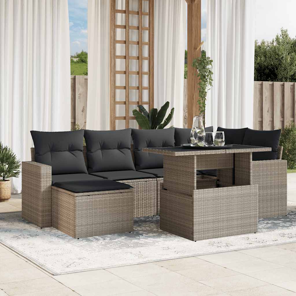 7 Pcs conj. sofás jardim com almofadões vime PE cinzento-claro