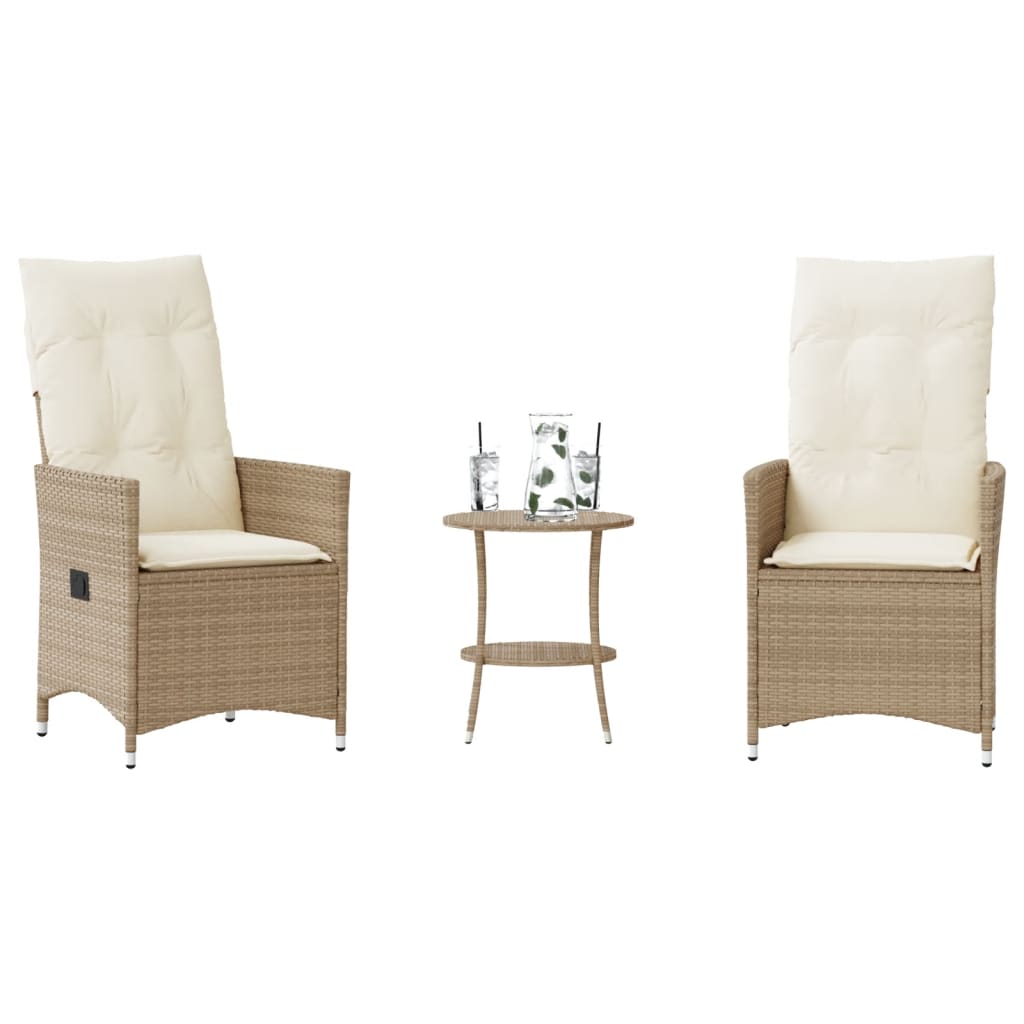 3 Pcs conjunto bistrô com almofadões vime PE bege
