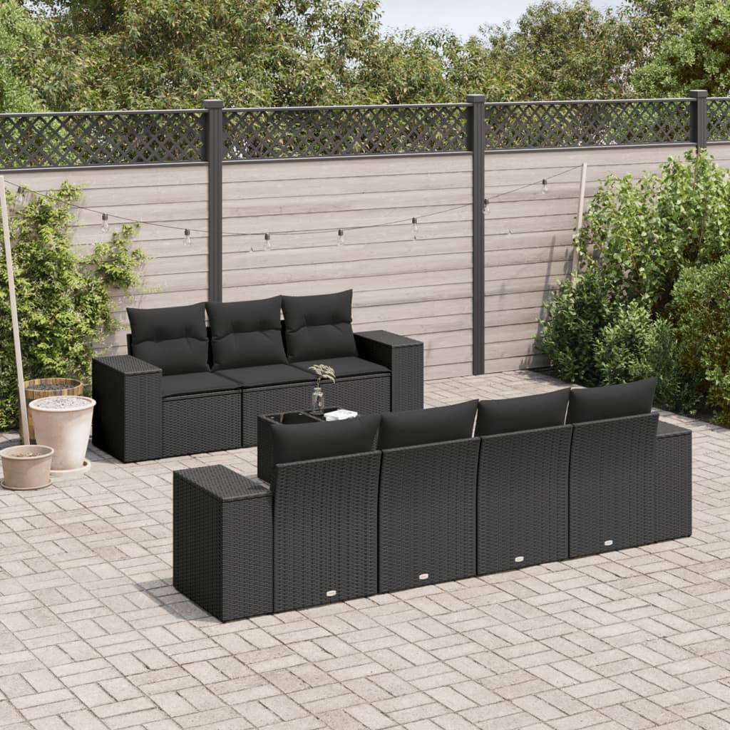 8 Pcs conjunto sofás de jardim com almofadões vime PE preto