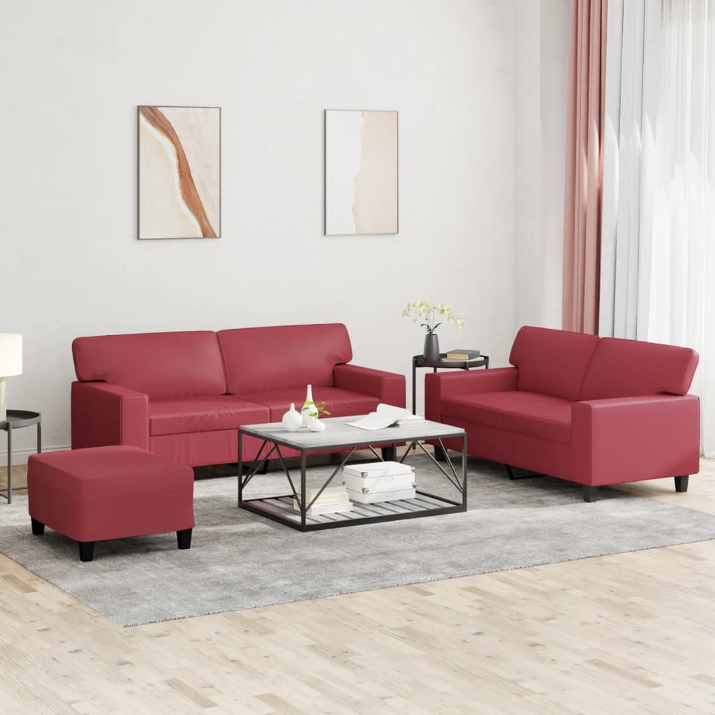 3 Pcs conjunto de sofás couro artificial vermelho tinto