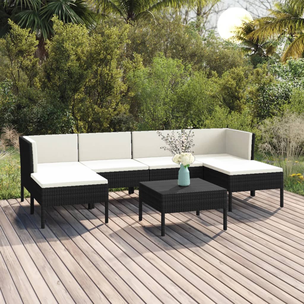 7 Pcs conjunto lounge de jardim c/ almofadões vime PE preto