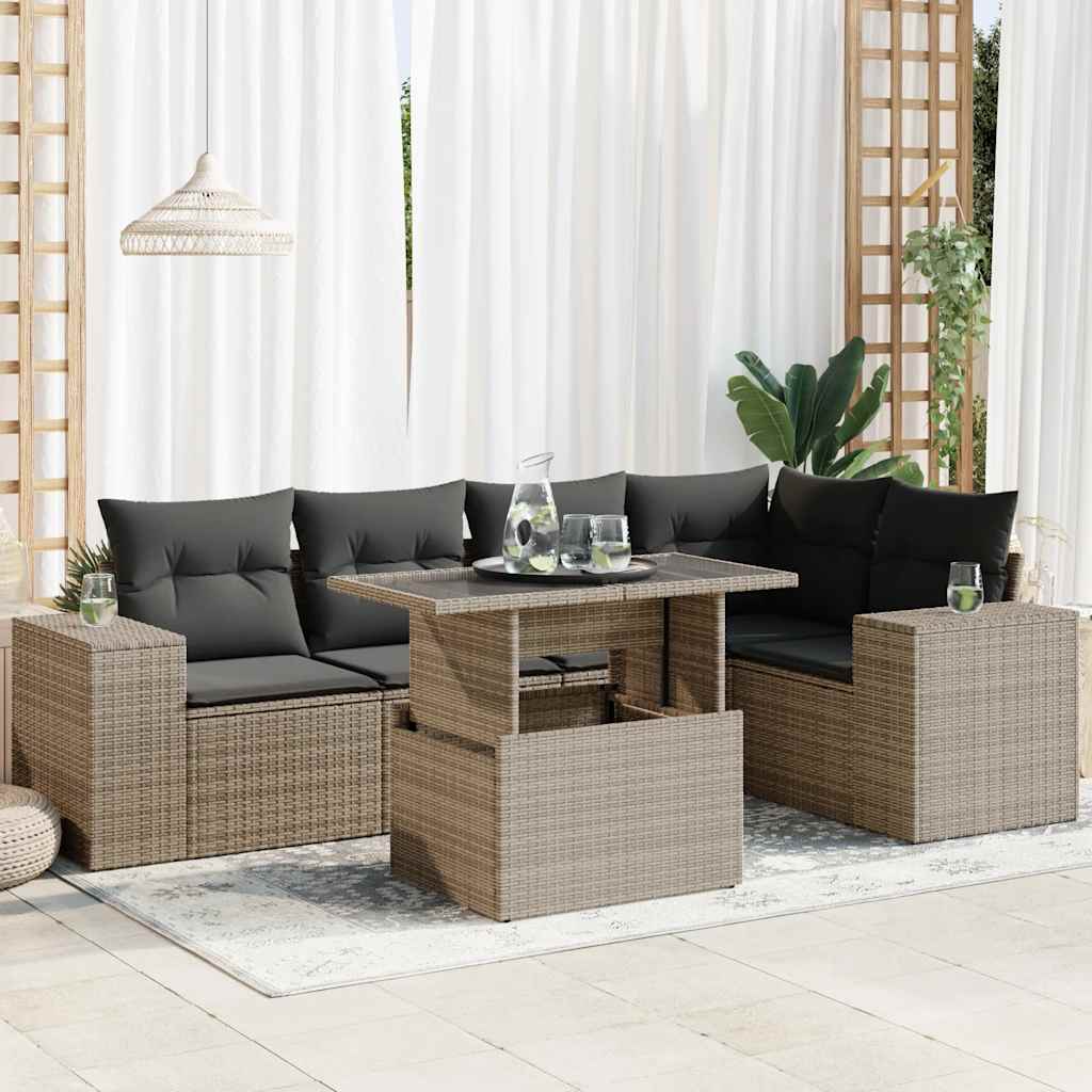 6 Pcs conjunto sofás de jardim com almofadões vime cinzento