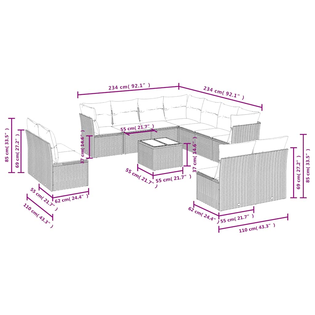 12 Pcs conjunto de sofás p/ jardim com almofadões vime PE bege