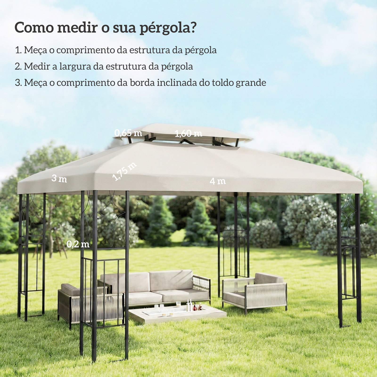 Toldo de substituição 4x3 m com teto duplo orifícios de drenagem e proteção UV apenas toldo não inclui estrutura creme