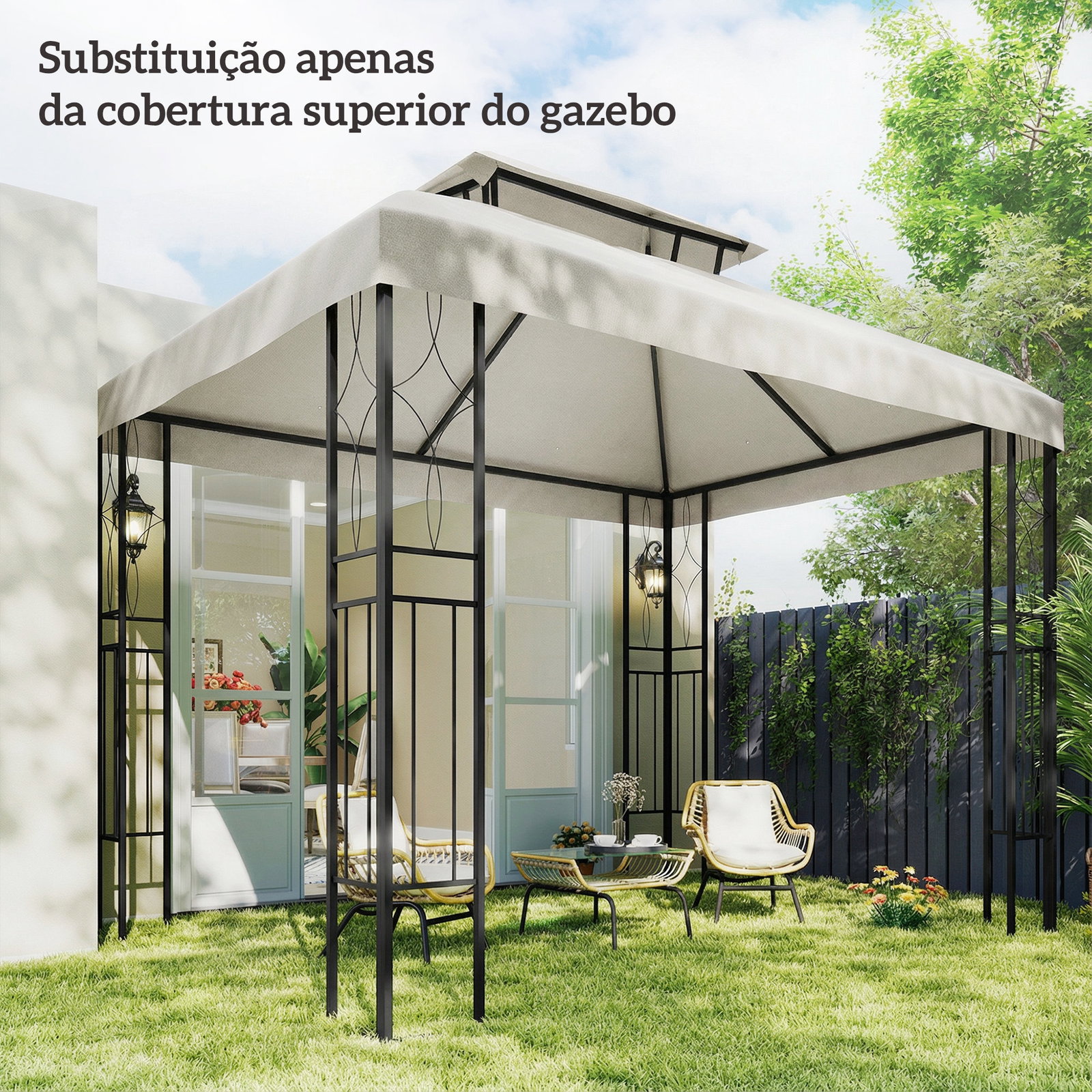 Toldo de substituição 4x3 m com teto duplo orifícios de drenagem e proteção UV apenas toldo não inclui estrutura creme