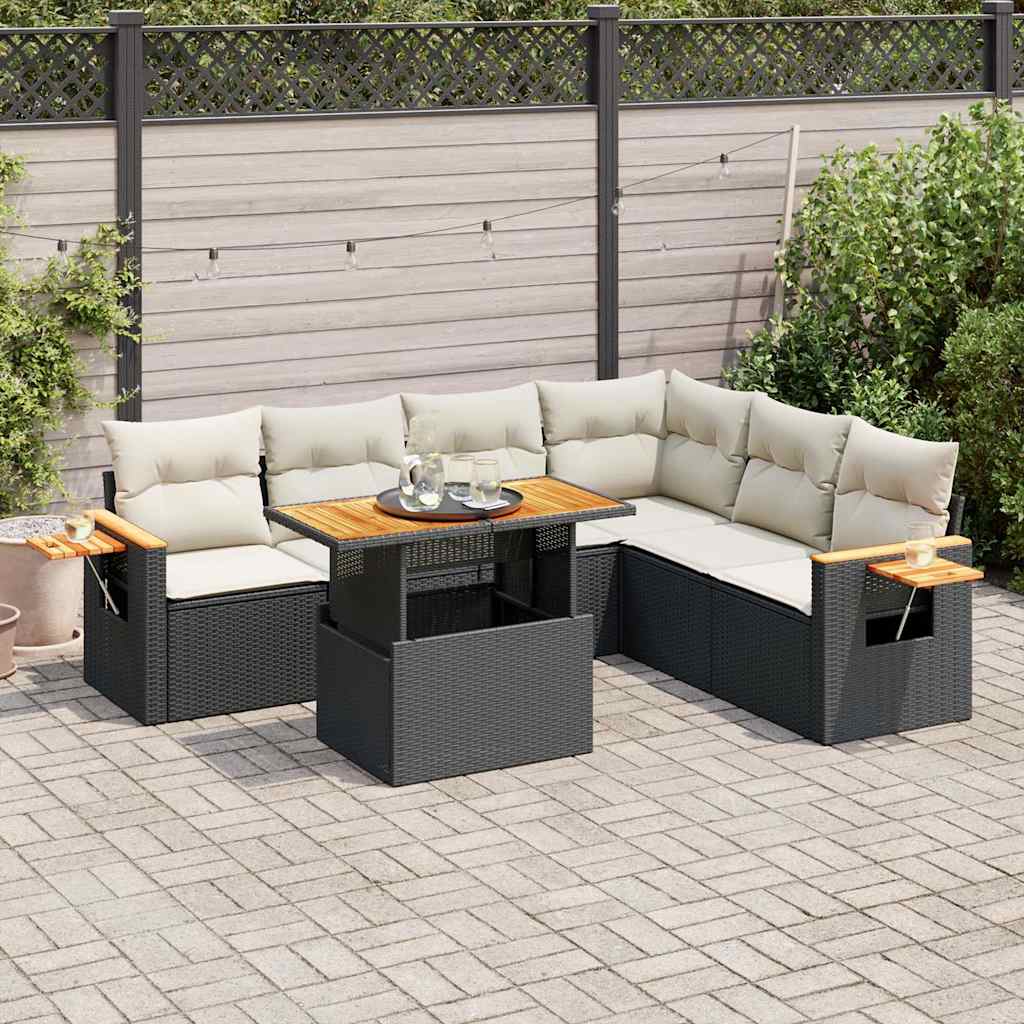 7 Pcs conjunto sofás jardim c/ almofadões vime PE/acácia preto