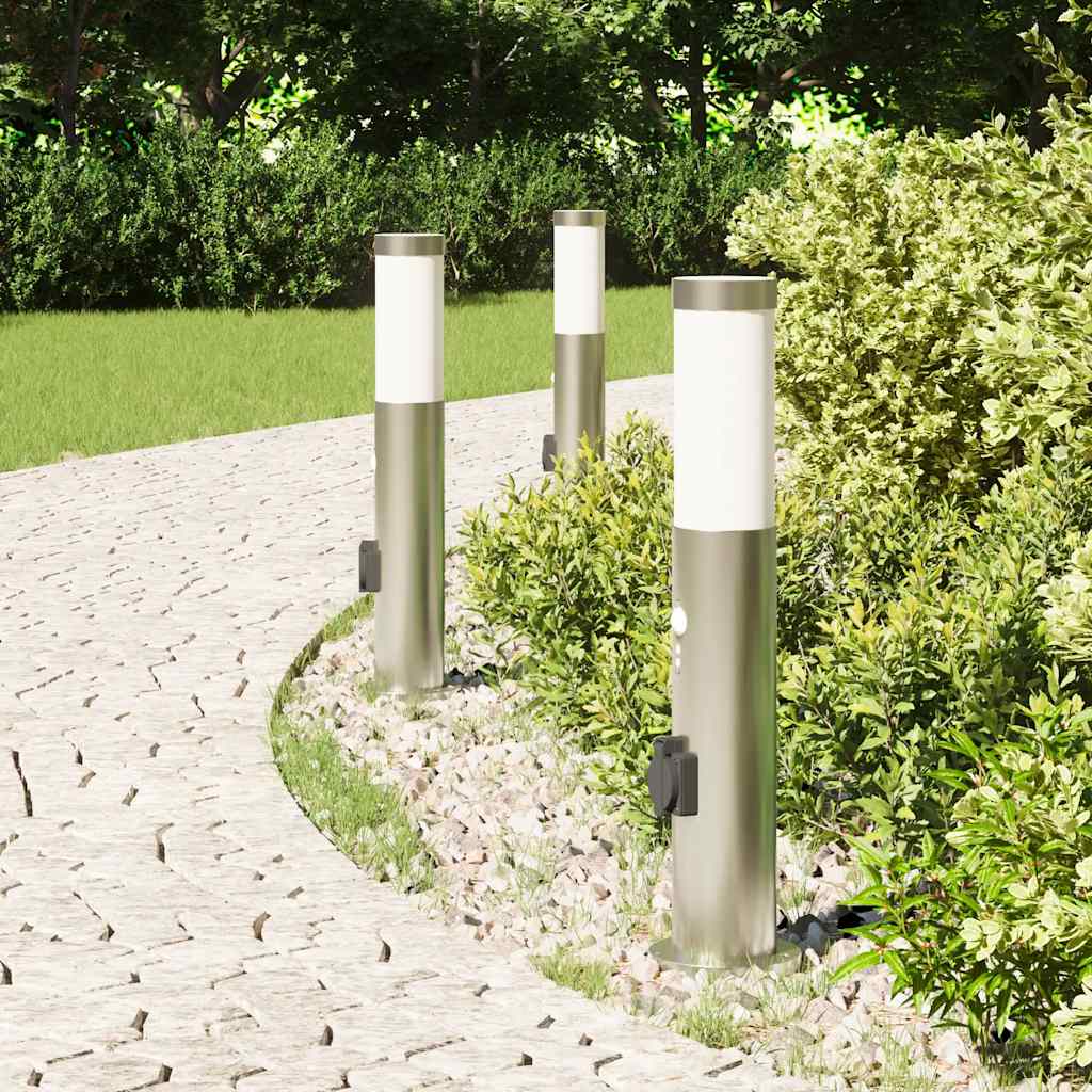 Luminárias de balizador com sensor e tomada, 3 peças, 50 cm, aço inoxidável, IP44